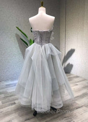 A line Tea Length Gray Evening Prom Dresses, Gray Tulle Homecoming Dresses