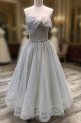 A line Tea Length Gray Evening Prom Dresses, Gray Tulle Homecoming Dresses