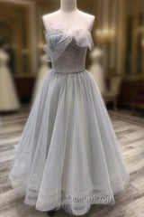 A line Tea Length Gray Evening Prom Dresses, Gray Tulle Homecoming Dresses
