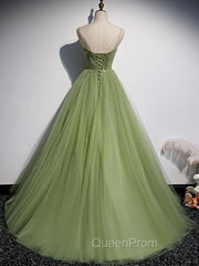Aline Tulle Green Long Evening Prom Dresses, Green Evening Graduation Dresses with Beading