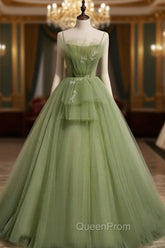 Aline Tulle Green Long Evening Prom Dresses, Green Evening Graduation Dresses with Beading