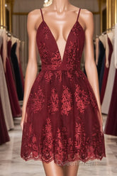 Aline v neck tulle lace short burgundy Evening Prom Dresses, backless burgundy homecoming Dresses