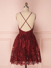 Aline v neck tulle lace short burgundy Evening Prom Dresses, backless burgundy homecoming Dresses