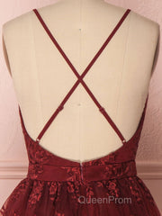 Aline v neck tulle lace short burgundy Evening Prom Dresses, backless burgundy homecoming Dresses