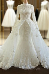 Amazing Long Mermaid High Neck Tulle Lace Wedding Dresses with Sleeves