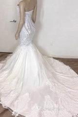 Amazing Long Mermaid Strapless Appliques Lace Wedding Dresses