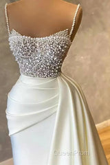Amazing Long Mermaid Strapless Sequins Pearls Satin Formal Evening Prom Dresses