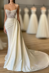 Amazing Long Mermaid Strapless Sequins Pearls Satin Formal Evening Prom Dresses