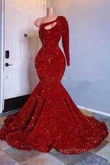 Amazing Red Long Sleeves Evening Prom Dresses One-Shoulder Mermaid With Sequins