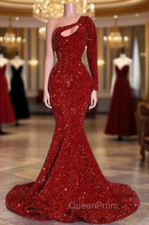 Amazing Red Long Sleeves Evening Prom Dresses One-Shoulder Mermaid With Sequins