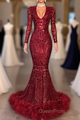 Amazing Sequins V-neck Long Sleeve Mermaid Evening Prom Dresses