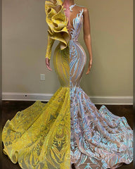 Amazing V-Neck One Shoulder Long Sleeve Long Mermaid Evening Prom Dresses