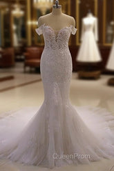 AmazingWhite 3D Lace applique Off the Shoulder Mermaid Bridal Gowns