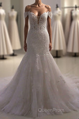 Amazing White 3D Lace applique Off the Shoulder Mermaid Bridal Gowns