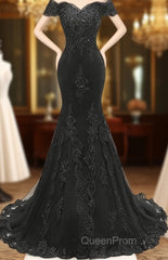 Applique Off The Shoulder Black Mermaid Long Evening Dresses