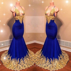 Appliques Spaghetti Sleeveless V-neck Mermaid Evening Prom Dresses