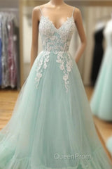 Appliques Spaghetti Straps Mint Green Tulle A Line Evening Prom Dresses