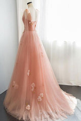 Appliques Straps Long Pink Tulle Flowers Evening Prom Dresses