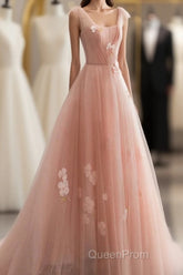 Appliques Straps Long Pink Tulle Flowers Evening Prom Dresses