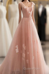 Appliques Straps Long Pink Tulle Flowers Evening Prom Dresses