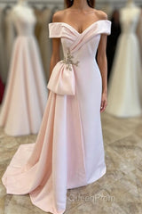 Pink Off-Shoulder Mermaid Satin Long Mother of Bride Dresses