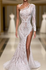 Asymmetrical Mermaid High Split One Shoulder Floor-length Long Sleeve Appliques Lace Evening Prom Dresses