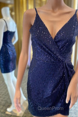 Navy Blue Sequins V-Neck Mini Homecoming Dresses