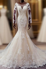 Autumn Long Sleevess Mermaid Lace appliques Ivory Wedding Dresses