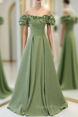 Avocado Green Satin Off the Shoulder Evening Prom Dresses