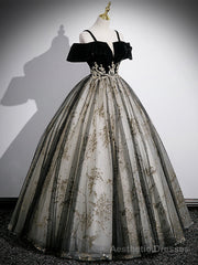 Black Velvet Tulle Sequins Floor Length Prom Dress, Off the Shoulder Evening Party Dress
