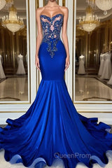 Royal Blue High Neck Sleeveless Mermaid Evening Prom Dresses with Beadings