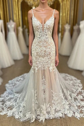 Elegant V Neck Mermaid Lace Appliques Wedding Dresses
