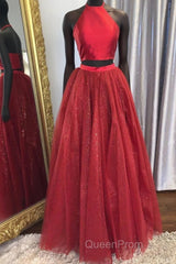Back Two Piece Halter Sparkle Lace-Up Red Long Evening Prom Dresses