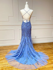 Backless Blue Lace Mermaid Evening Prom Dresses, Open Back Lace Mermaid Evening Dresses