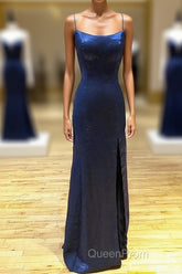 Backless Dark Navy Blue Long Evening Prom Dresses Evening Dresses