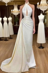 Backless Evening Dresses Mermaid Halter Floor Length Satin Long Turkey Dubai Saudi Arabic Evening Gown Evening Prom Dresses