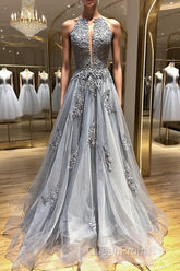 Backless Gray Lace Evening Prom Dresses, Backless Gray Lace Formal Evening Graduation Dresses