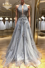 Backless Gray Lace Evening Prom Dresses, Backless Gray Lace Formal Evening Graduation Dresses