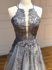 Backless Gray Lace Evening Prom Dresses, Backless Gray Lace Formal Evening Graduation Dresses