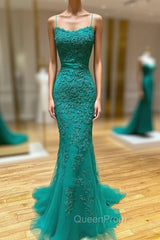 Backless Green Mermaid Lace Evening Prom Dresses, Open Back Green Lace Mermaid Evening Dresses