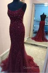 Backless Mermaid Beaded Maroon Lace Long Evening Prom Dresses, Backless Burgundy Lace Formal Dresses, Burgundy Tulle Evening Dresses
