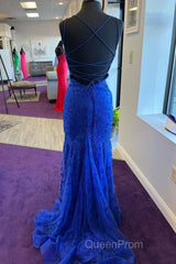 Backless Mermaid Blue Lace Tulle Long Evening Prom Dresses, Mermaid Blue Formal Dresses, Blue Lace Evening Dresses
