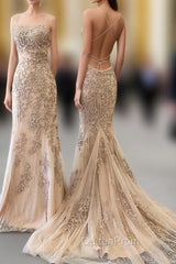Backless Mermaid Champagne Lace Evening Prom Dresses, Champagne Backless Mermaid Lace Evening Dresses