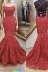 Backless Mermaid Red Lace Long Evening Prom Dresses, Mermaid Red Lace Formal Dresses, Red Lace Evening Dresses