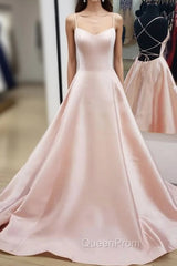 Backless Pink Satin Long Evening Prom Dresses, Open Back Pink Satin Evening Graduation Dresses