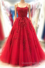 Backless Red Lace Long Evening Prom Dresses, Red Lace Formal Dresses, Red Evening Dresses, Lace Ball Gown