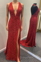 Backless Royal Blue Sequin Evening Prom Gown with Slit,Formal Dresses with Sequins