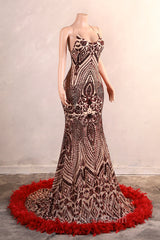 Backless Sequins Mermaid Evening Prom Dresses Burgundy Party Evening Dresses with Feather Chapel Train