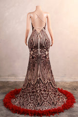 Backless Sequins Mermaid Evening Prom Dresses Burgundy Party Evening Dresses with Feather Chapel Train