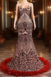 Backless Sequins Mermaid Evening Prom Dresses Burgundy Party Evening Dresses with Feather Chapel Train
